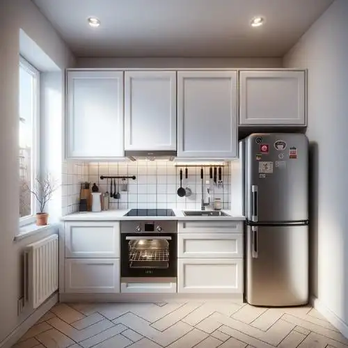 紧凑高效的厨房布局,明亮的白色橱柜与现代化家电相结合.