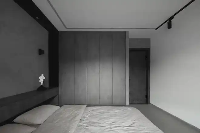 整体空间没有太多杂色,中灰色调占领主导地位,衣柜柜板选择灰色的木纹