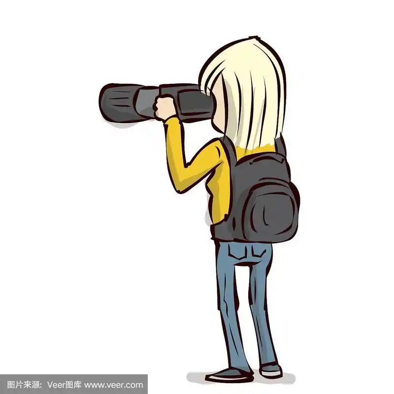 女摄影师正在拍照.手绘卡通矢量插图
