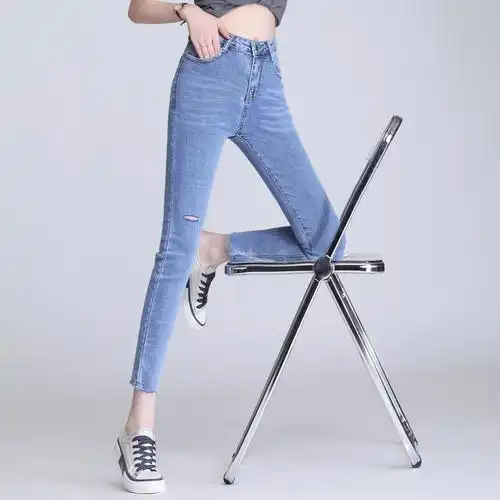 破洞牛仔裤女显2021春夏高腰薄款浅蓝色九分紧身牛仔裤