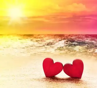 在海滩上的两颗心海滩上的贝壳心海滩上相通的心-爱的概念年轻的幸福