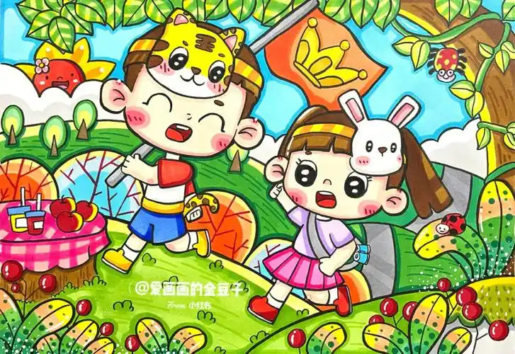 春天马克笔儿童画迎立春春游踏青