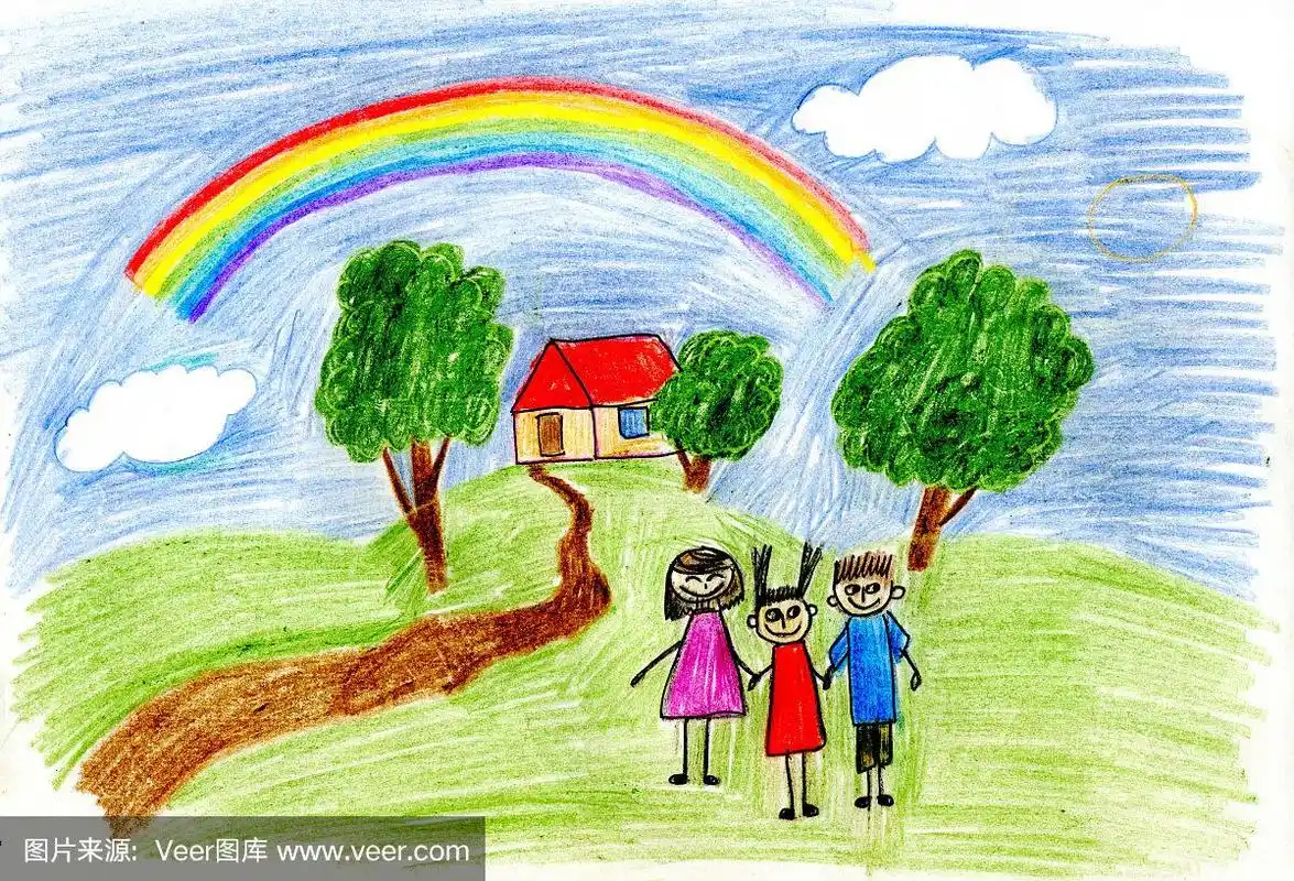 家庭,幸福,蜡笔画,彩色蜡笔,女儿