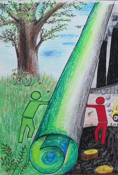 共建地球生命共同体"环保主题儿童画-图5保护生态儿童画环保绘画