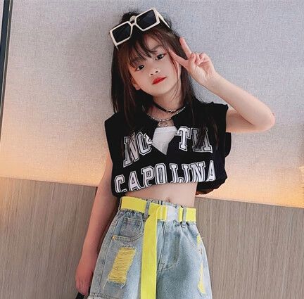 筝宁露肚子小女孩衣服夏季女童爵士服甜酷露肚脐短裤街舞套装少儿走秀