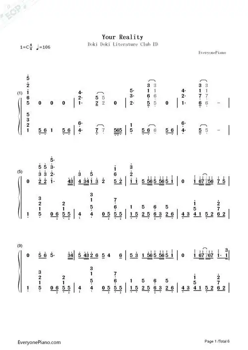 your reality-心跳文学部ed-钢琴谱文件(五线谱,双手简谱,数字谱,midi