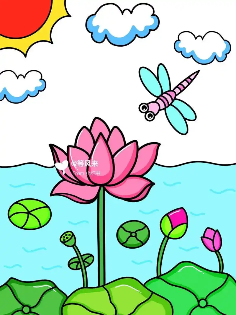 夏至 荷花 创意画 儿童画带线稿 #创意美术儿童画# #儿童简笔画