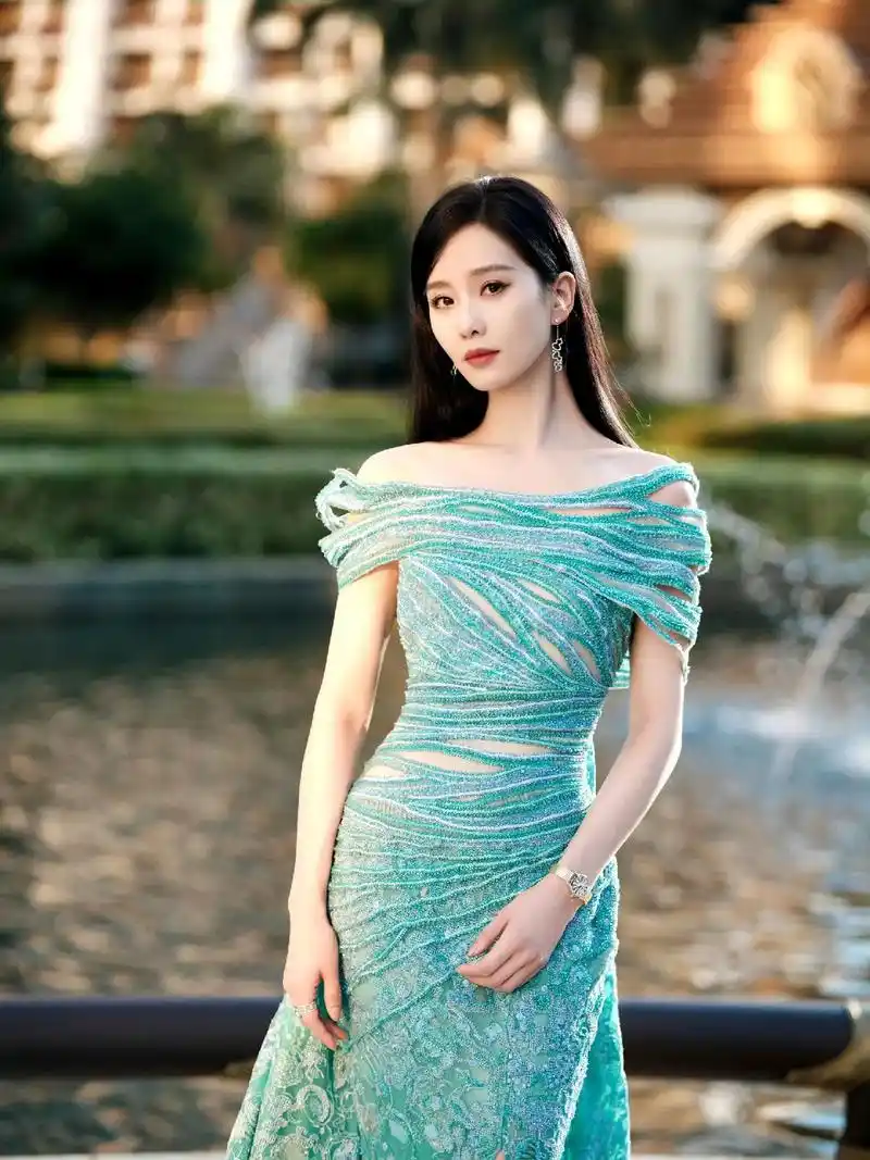 刘诗诗孔雀蓝露肩礼服.#爱奇艺尖叫之夜 #红毯造型 - 抖音