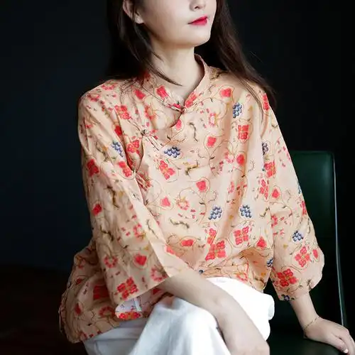 2022春季亚麻衬衫女棉麻女装文艺复古中式民族风苎麻印花衬衫茶服
