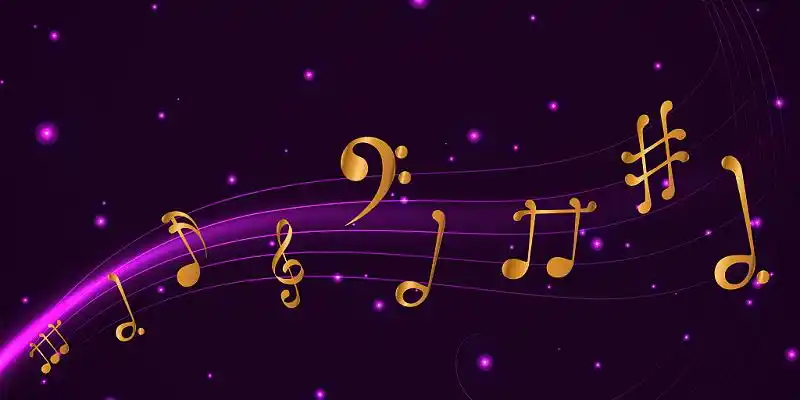 紫色唯美光效五线谱音符音乐展板背景