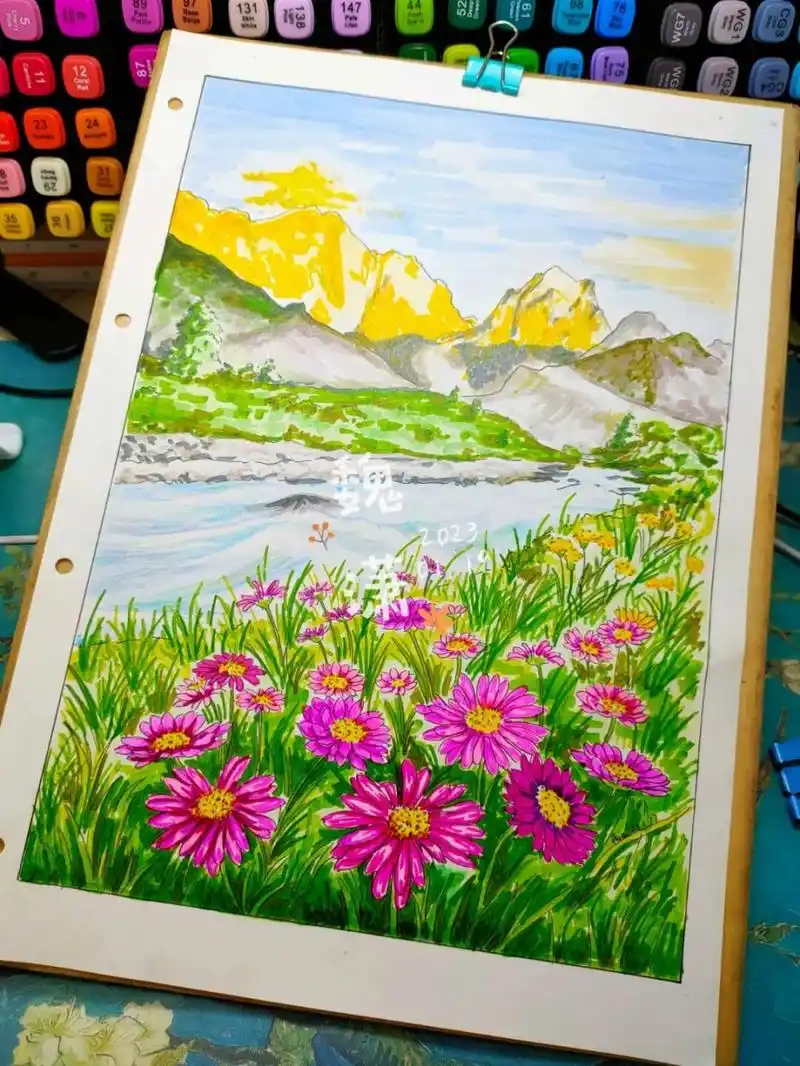 技术不到位金山不够没,河流不够自然 #风景画# #日照金山# #马克笔