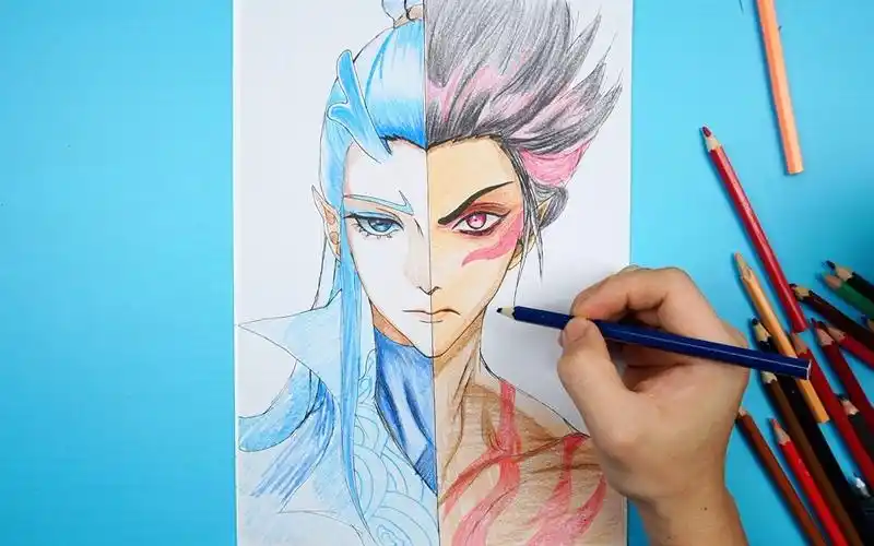 临摹哪吒之魔童降世物,哪吒和敖丙合体简笔画彩铅画