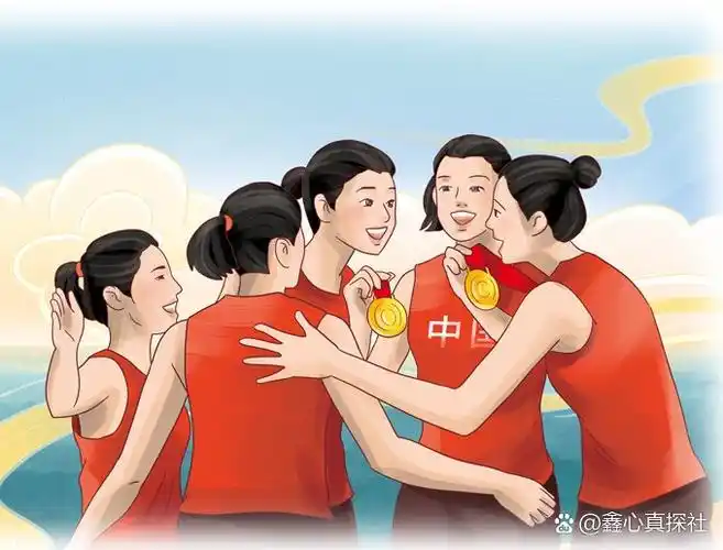 女排精神(连成一张的三幅画) 女排精神是中国女子排球队顽强战斗,勇敢