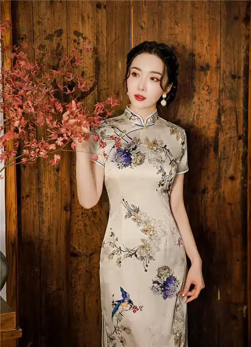 【中老年】轻奢复古改良纺丝提花中长款双层旗袍2021春夏新款女士日常