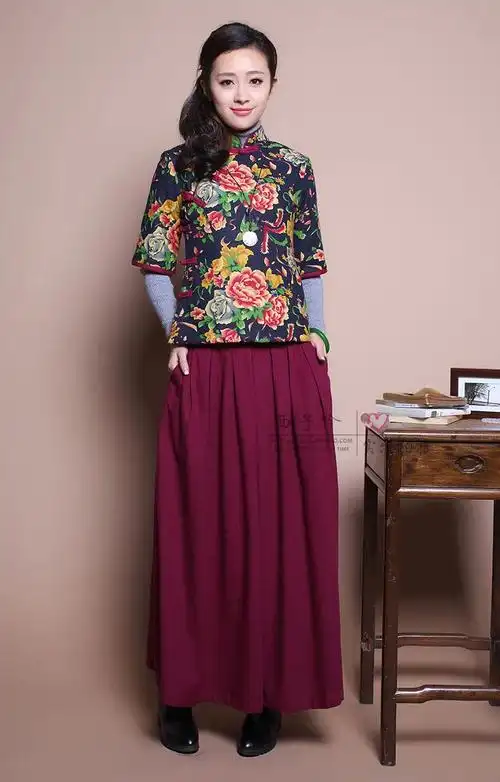 中式女装民族风棉麻上衣复古大花布中袖棉袄冬立领盘扣少奶奶服装