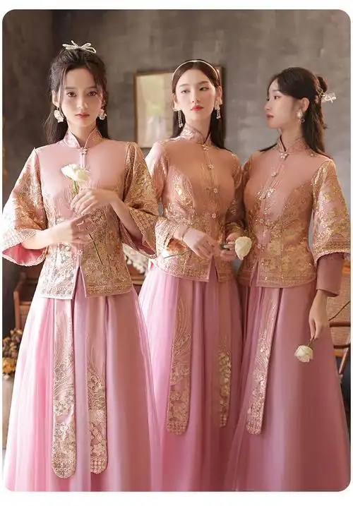 伴娘服2021新款中式新娘伴娘团结婚姐妹裙风长款秋冬显瘦礼服豆沙色a