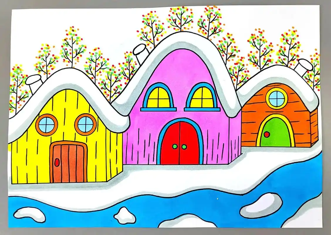 冬天雪景创意画!一起来画冬天里的房子吧,简单好看,快来试试吧 - 抖音