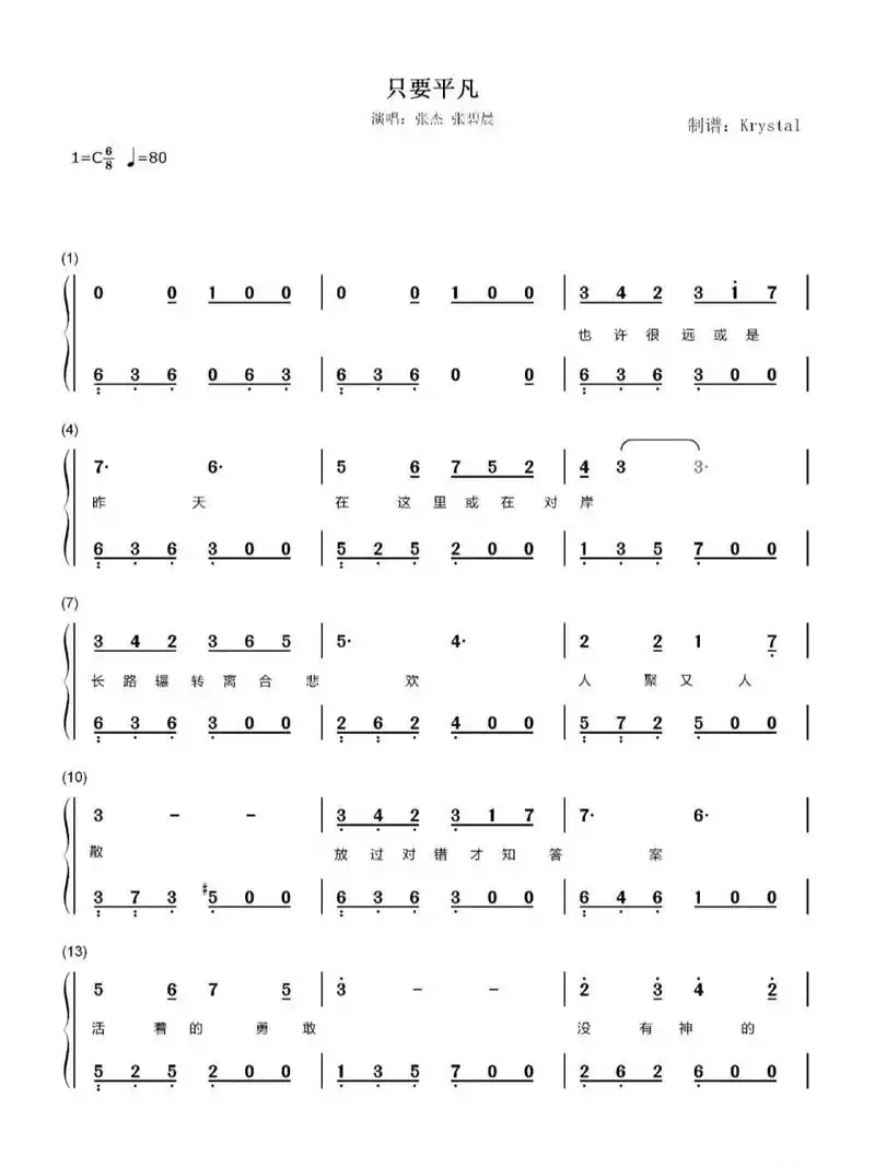 《只要平凡》钢琴简谱 双手 简易版 带歌词 张碧晨 张杰 只要平凡