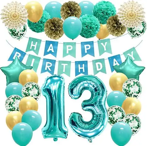 岁生日装饰,适合女孩青色和金色,青少年青*海底派对装饰,薄荷绿数字