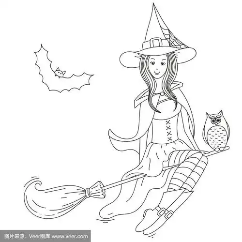 骑在扫帚上的女巫.矢量孤立轮廓白色背景.