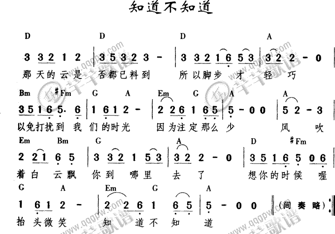 知道不知道 刘若英 歌谱,吉他谱 和弦谱,简谱,五线谱