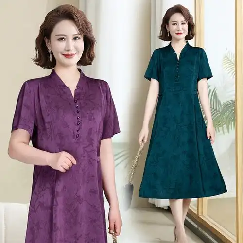 2024夏季桑蚕丝连衣裙妈妈装中长款气质显瘦中老年人40到60岁裙子