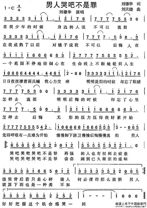 流行歌曲《男人哭吧不是罪》简谱