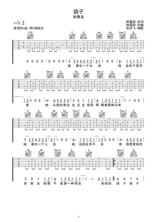 徐秉龙 鸽子 吉他谱 无限延音编配c调六线pdf谱吉他谱-虫虫吉他谱免费
