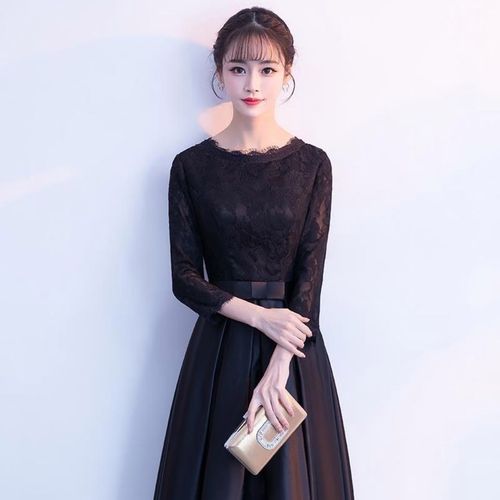 宴会晚礼服女2021合唱秋冬黑色优雅端庄大气长袖年会礼服裙长款