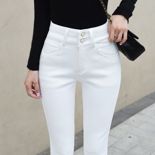 高腰白色牛仔裤女2021秋冬加绒弹力紧身显瘦加厚铅笔九分小脚裤长