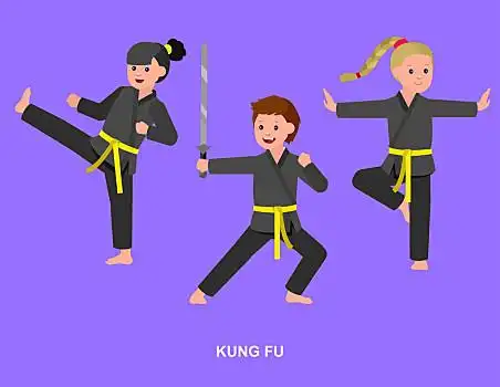 卡通,儿童,穿,和服,武术,可爱,矢量,插画,功夫,训练,有趣,孩子,拿