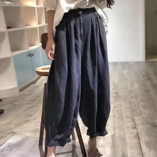 春夏原创新品褶皱个性文艺纯色百搭休闲宽松大码吊裆麻料灯笼裤女