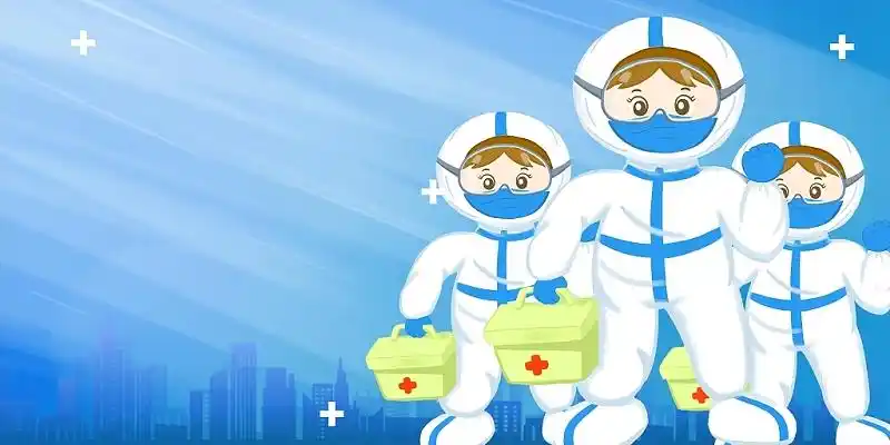 蓝色卡通城市剪影医护人员光效抗击疫情展板背景疫情抗疫