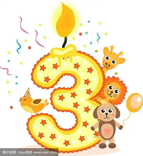 快乐三岁生日蜡烛和动物隔离在白色.三个数.矢量图
