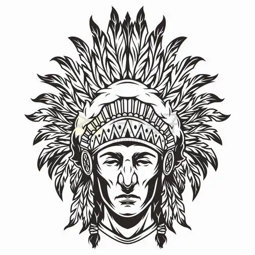 印第安酋长画像头像黑色线条手绘插画png图片素材