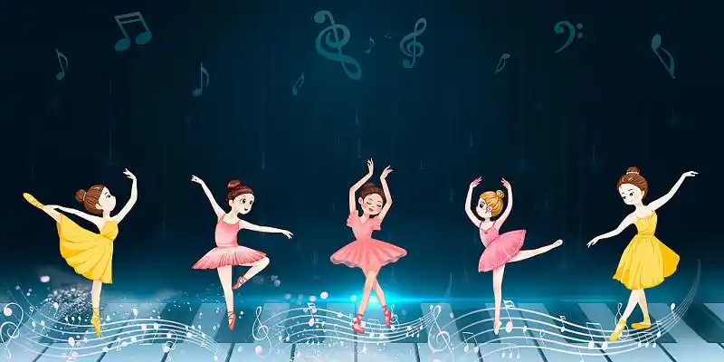 舞蹈背景蓝色卡通舞蹈人物展板背景蓝色光线琴键音符跳舞舞蹈招生海报