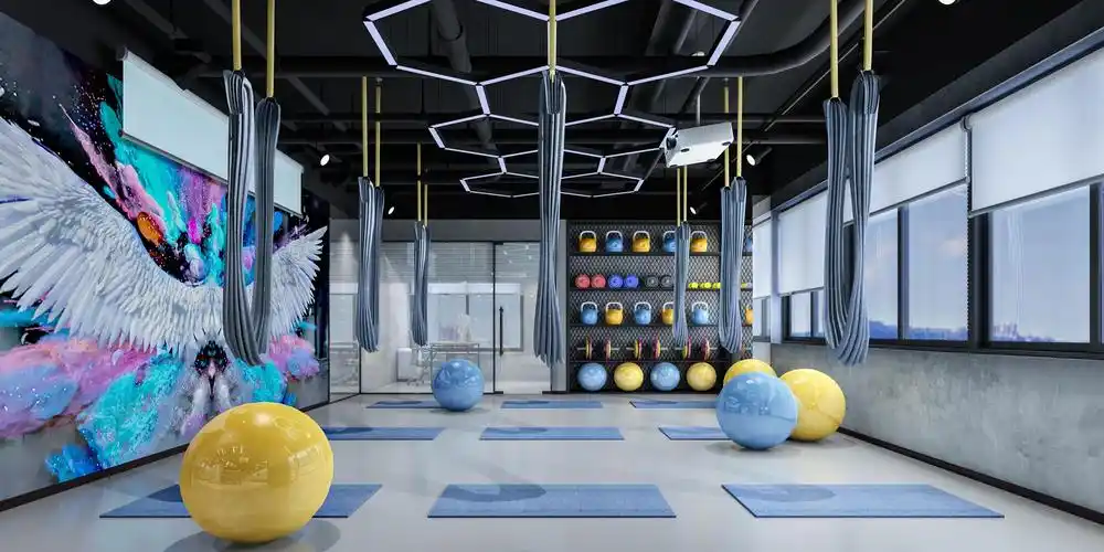 激情中国红300平方工业风格珠海健身房公装设计案例