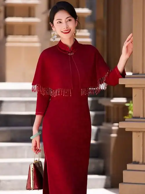 旗袍婚宴装喜婆婆高端婚礼妈妈气质显瘦披肩两件套秋冬中长款长袖