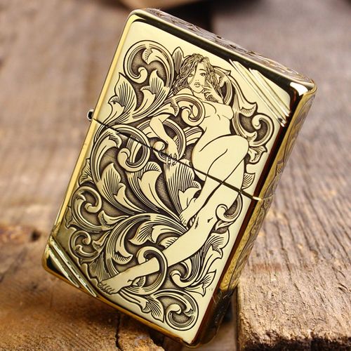 美国之宝zippo煤油防风打火机银色镜面铜切角1937五面雕刻唐草花仙子