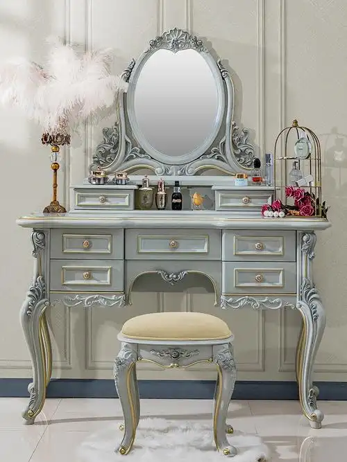 欧式卧室实木雕花梳妆台法式奢华化妆桌公主高级灰