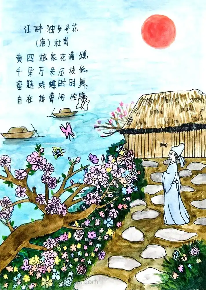 儿童画银奖作品江畔独步寻花儿童画图片作品欣赏