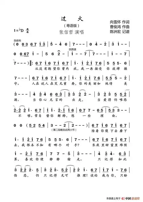 过火(粤语版)_简谱
