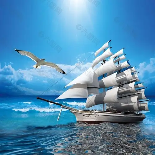蓝天白云海鸥船帆素材