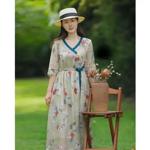 高端棉麻女装夏季新款文艺复古印花苎麻连衣裙女抽绳收腰显瘦女裙