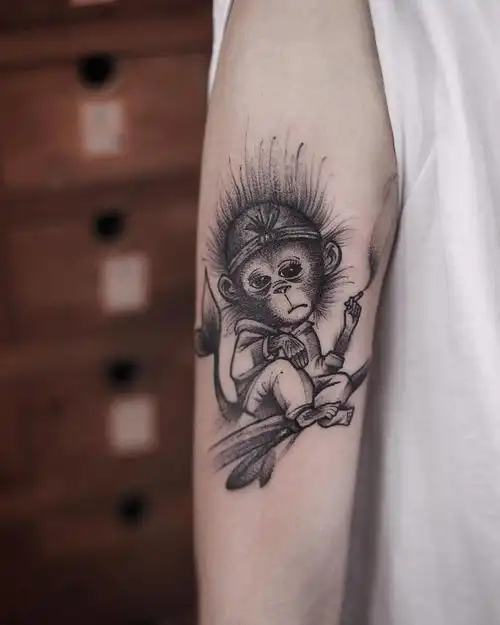 大臂黑灰newschool可爱小猴子纹身图案