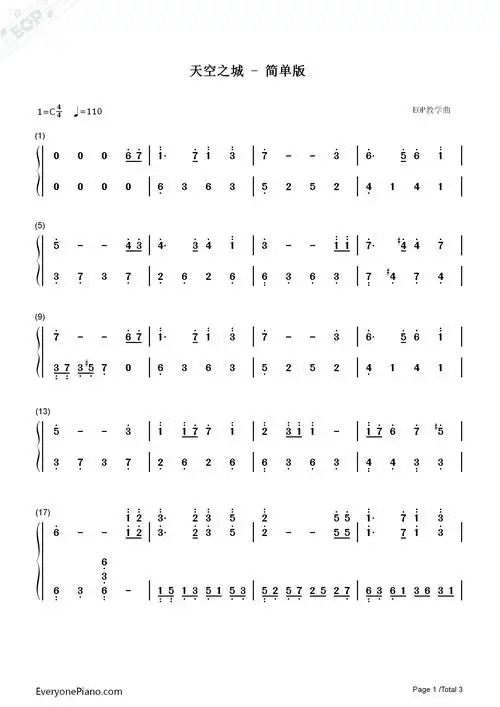 天空之城适中版-eop教学曲双手简谱预览1
