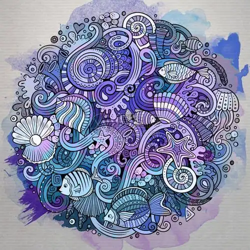 卡通手绘线条海洋生物矢量元素背景