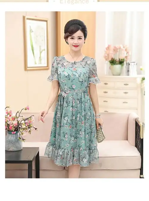 2018新款女装中老年40-50岁妈妈夏装中长款碎花夏季连衣裙修身