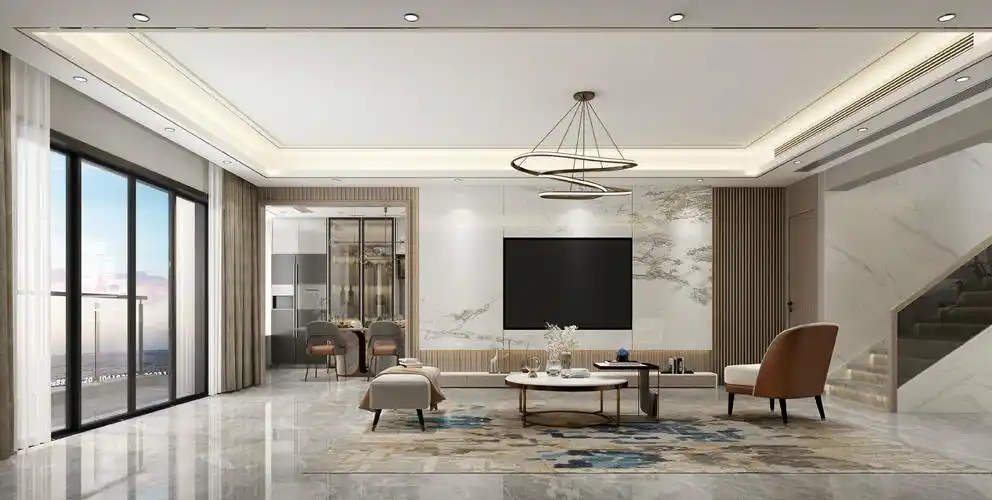 客厅轻奢风格的空间以金属,皮革的中性色调为主,用色彩的纯度传递细腻