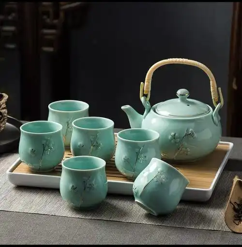 提梁壶茶具套装家用陶瓷景德镇手工描金大号茶壶茶杯简约送礼托盘